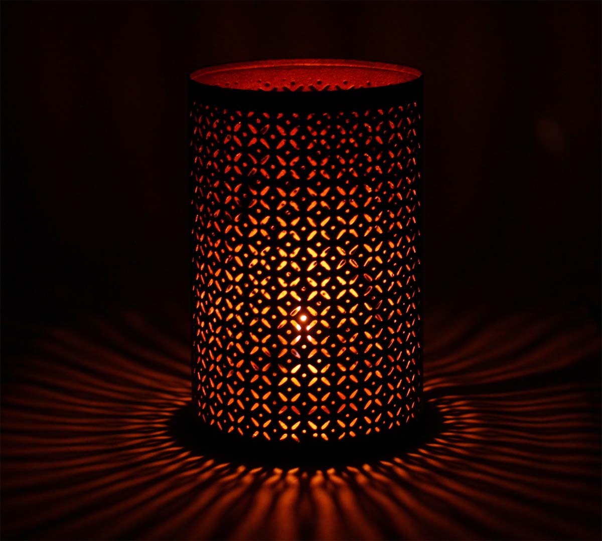 Handmade Tea-Light Candle Holder in Iron - Black & Copper Color Finish - Cylindrical Shaped - Symmetric Cut-Out Patterning - Metal Votive Candle Stands - Table-Top Decorations - Buy in Bulk Wholesale